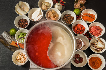 Ingredients, spices and condiments used to preparing Chinese hot pot