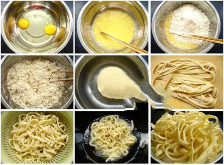 Prepare two eggs, break apart, pour in 250g flour and mix well